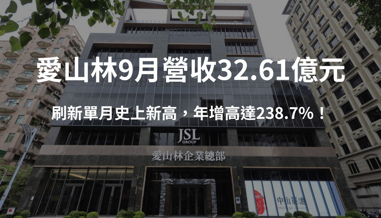 愛山林9月營收32.61億元刷新單月史上新高，年增高達238.7％！